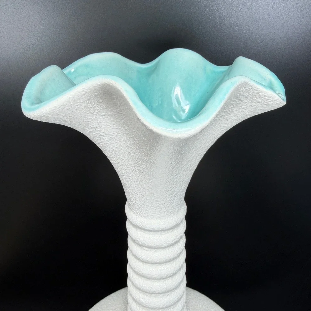 Haeger Pottery 3043 USA Vintage White Textured Turquoise Interior Ruffled Vase